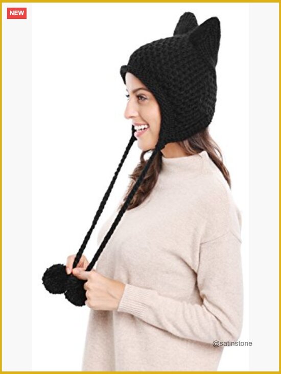 Winter Knit Beanie with Ear Flaps and Cat Ears, Acrylic main image 5